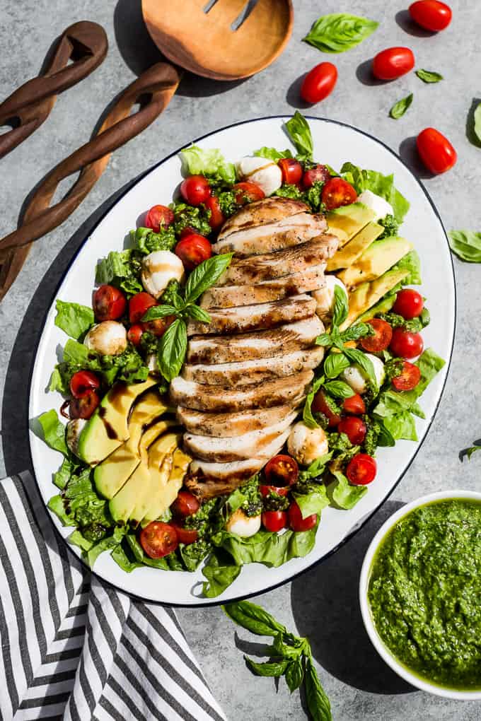 Caprese Dinner Salad with Grilled Chicken and Pesto Dressing | Get Inspired Everyday!