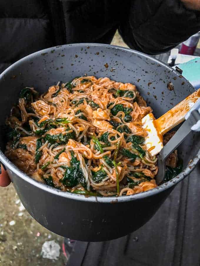 Camping Food - Butter Chicken Sauce with rice noodles and spinach!