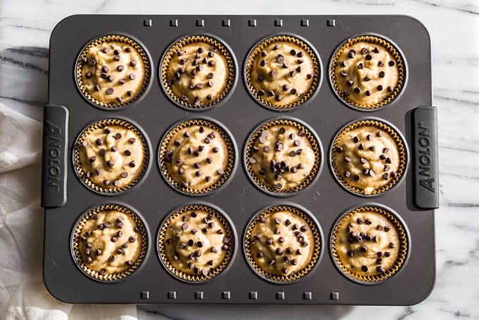 Chocolate chips sprinkled over the banana muffins!
