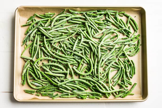 Frozen green beans prepped on a sheet pan!