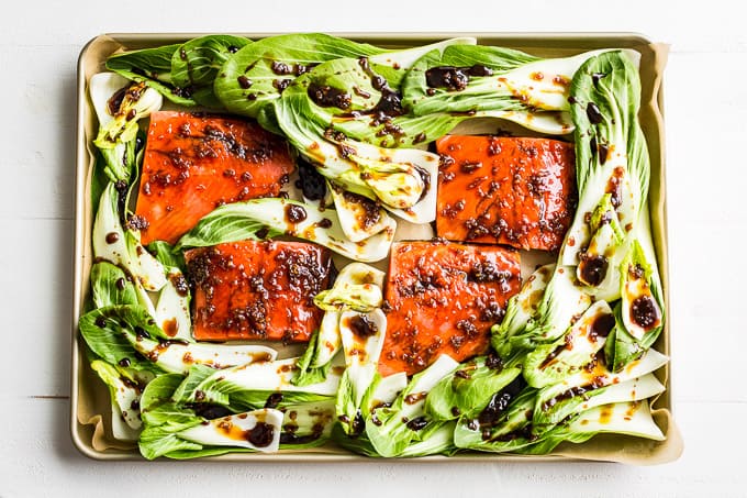 Teriyaki sauce drizzled over the salmon and veggies!