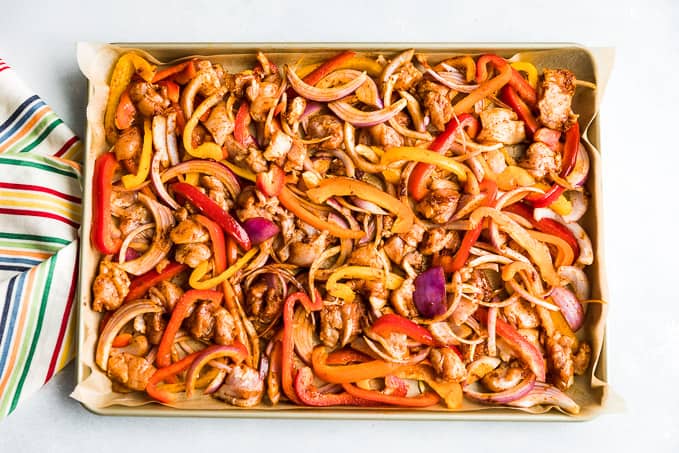 Chicken and veggies prepped and on the sheet pan ready to cook!