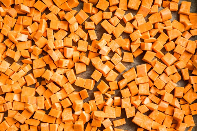 Prepped sweet potatoes on a sheet pan!