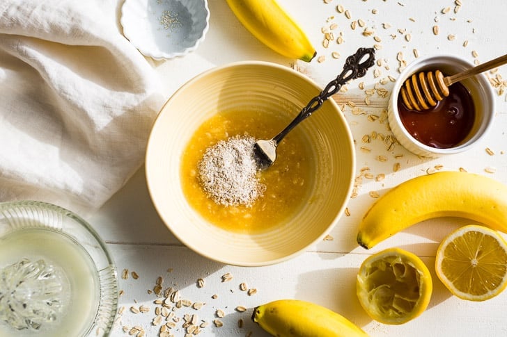 Mixing the oat flour into the banana facial mask!