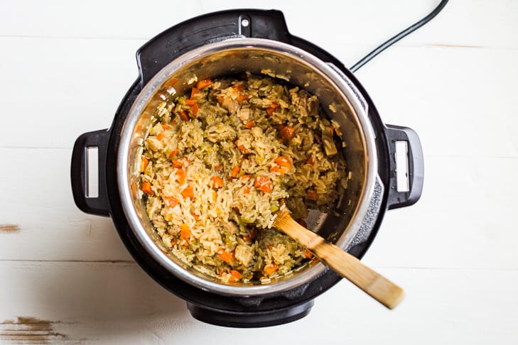 The texture of the this chicken and rice is so creamy with the Instant Pot!