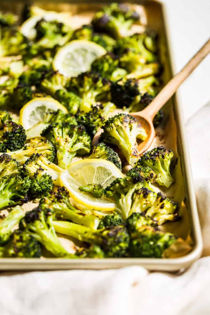 Super easy oven roasted lemon herb broccoli from frozen!