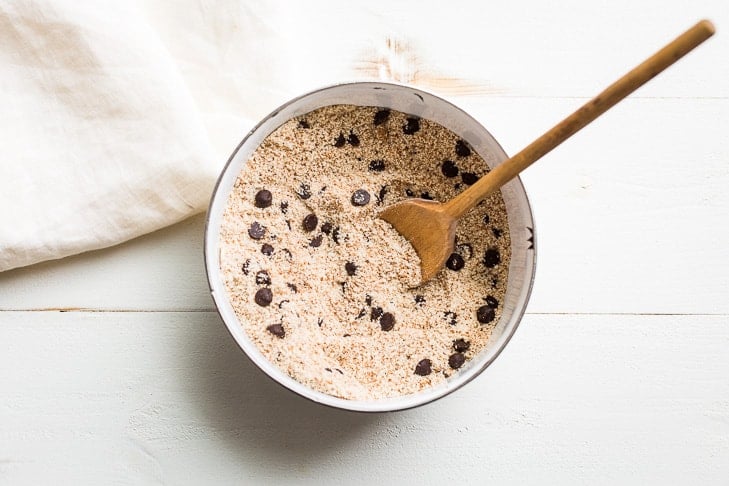 Mixing together the dry ingredients for my Paleo Chocolate Chip Skillet Cookie!