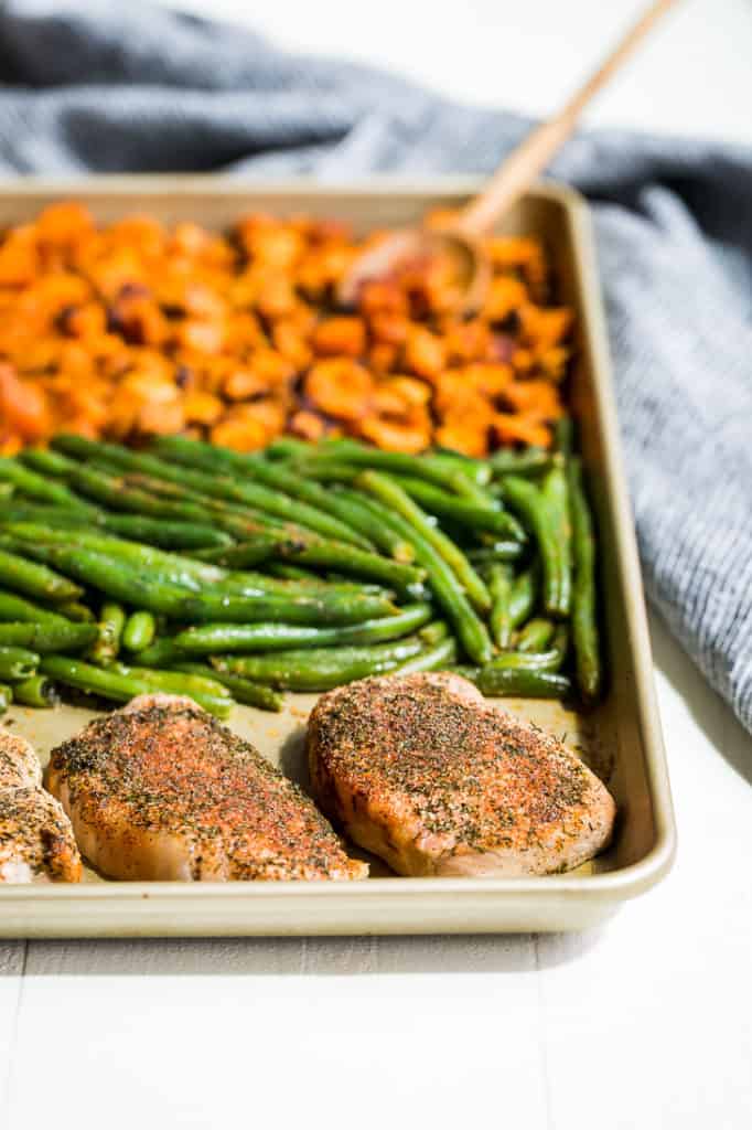 Paleo Ranch Pork Chop Sheet Pan Dinner with Sweet Potatoes and Green Beans