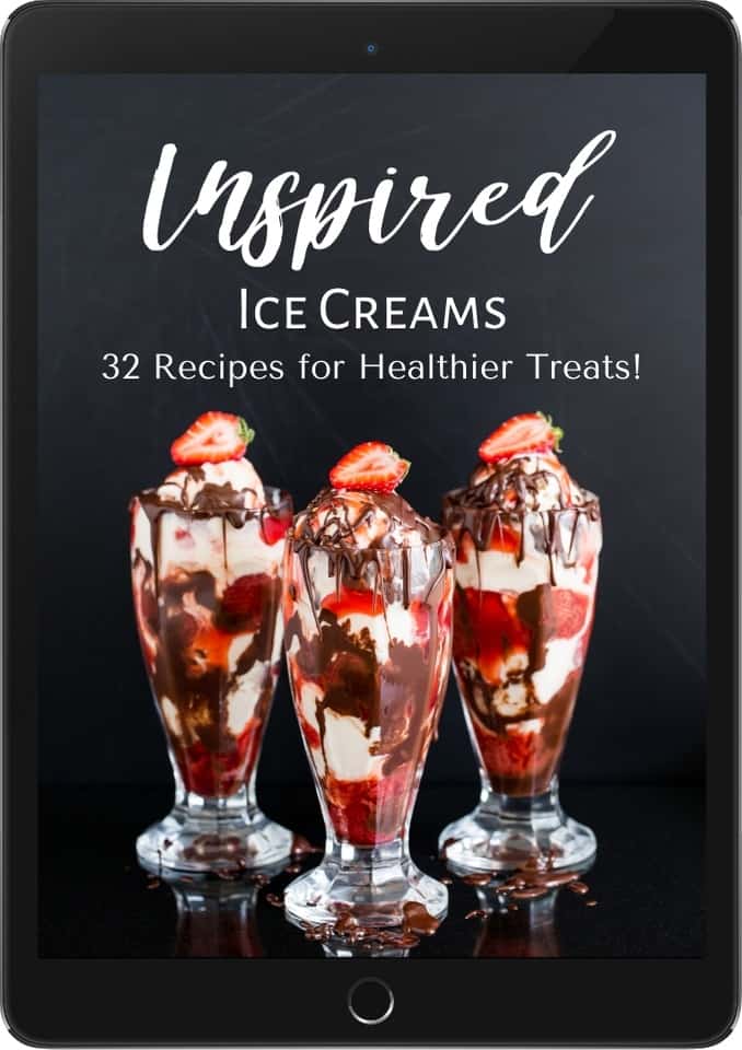 Get Inspired Everyday Ebook cover page, written by Kari Peters with the title Inspired Ice Creams E-book, featuring 3 strawberry chocolate sundaes with a strawberry garnish on top.