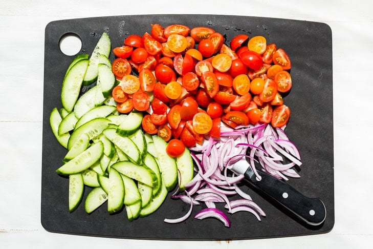 Prepping the veggies for the Greek Salmon!