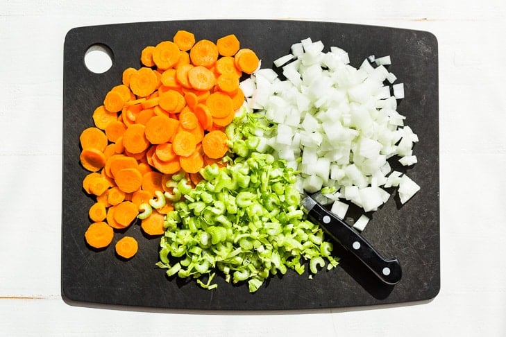 The mixture of onion, carrots, and celery add so much flavor to this Homemade Chicken Soup!