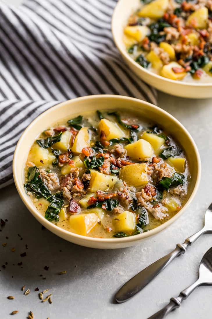 Healthy Instant Pot Zuppa Toscana in yellow bowls!