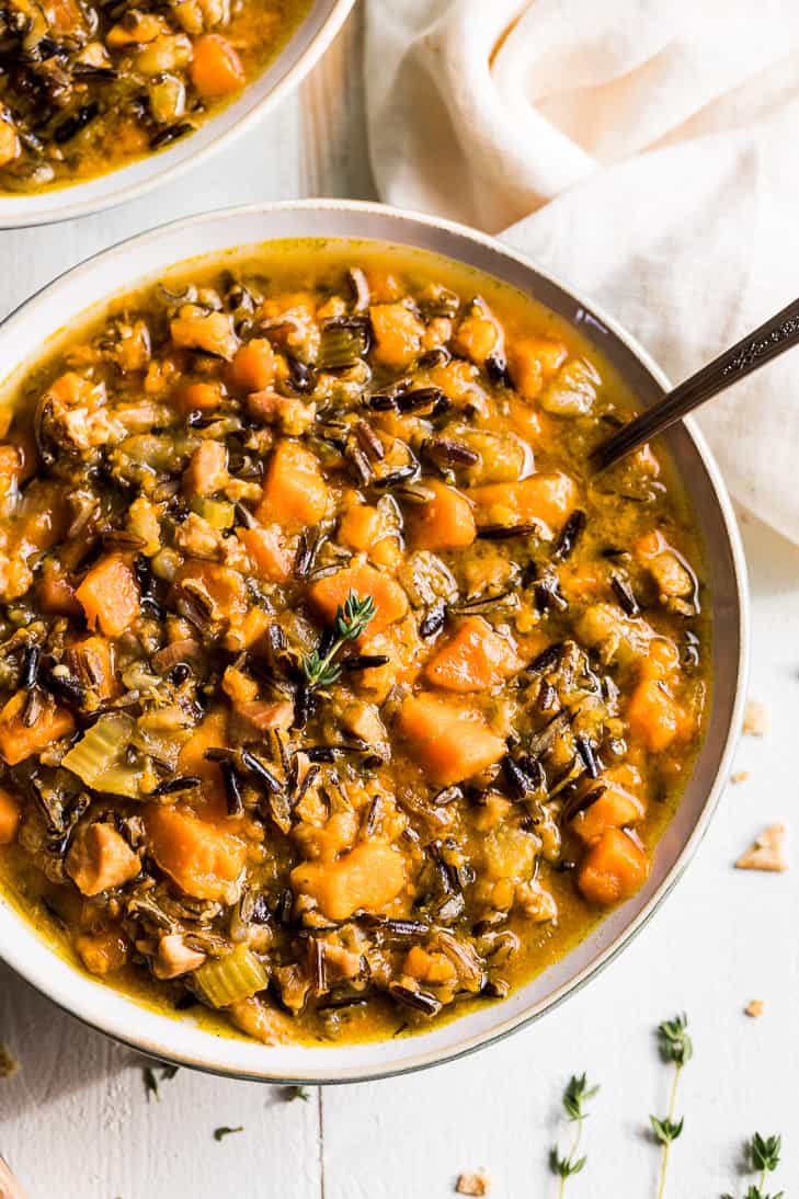 Bowl of Instant Pot Chicken Wild Rice Soup with Sweet Potatoes.