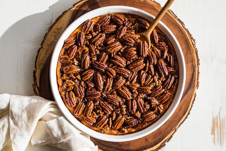 Fully caramelized pecan topping on the sweet potato casserole.