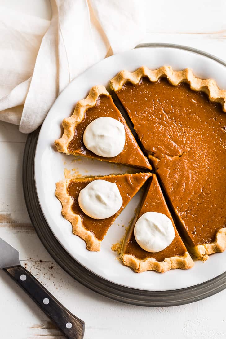 Sliced Pumpkin Pie in the pie plate with whipped cream!