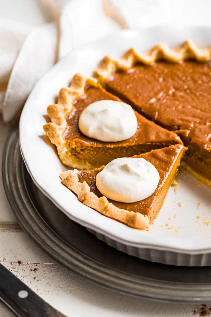 Two slices of paleo pumpkin pie in a pie plate topped with dollops of whipped cream.