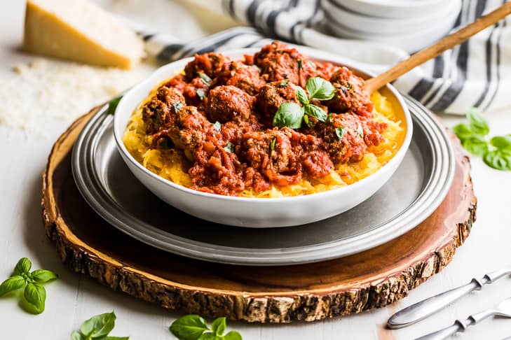 Instant Pot Spaghetti Squash with Easy Meatballs in a serving bowl.