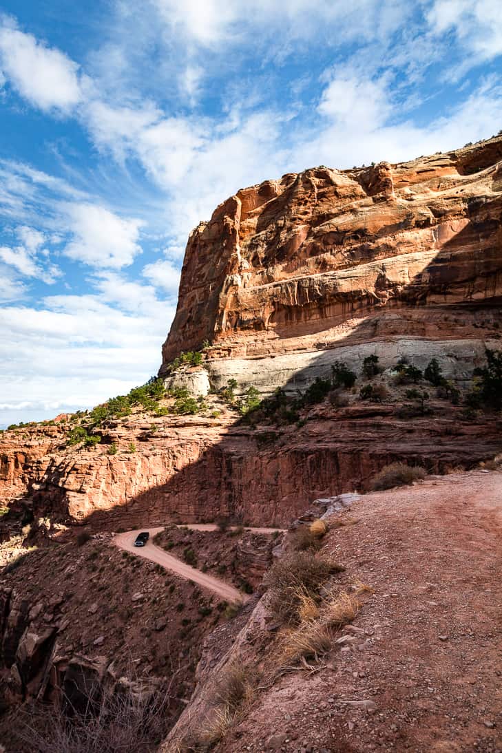 A truck making it's way around a sharp corner on Shafer Trail.