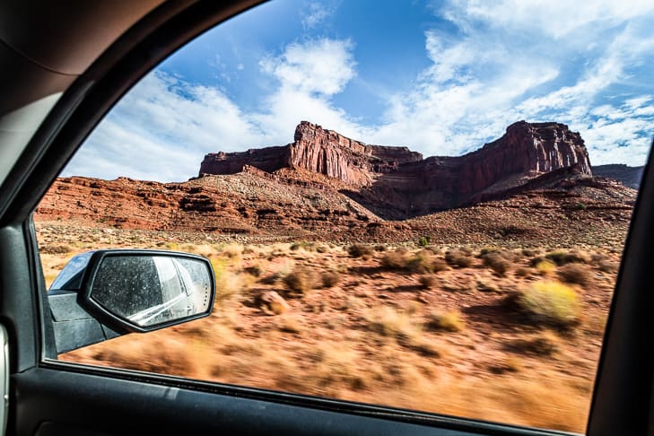 Shafer Trail views framed by the truck window.