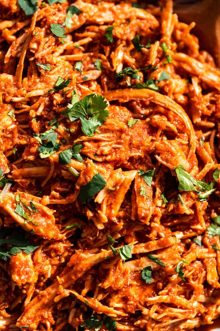 Up close shot of shredded chipotle chicken.