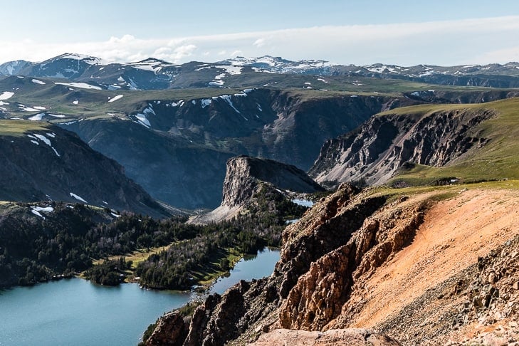 The view from the Twin Lakes overlook of the mountains and lakes in the area from the Beartooth Highway.