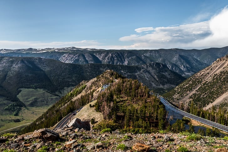 A view looking down on the Beartooth Highway lookout for Hell Roaring Plateau.