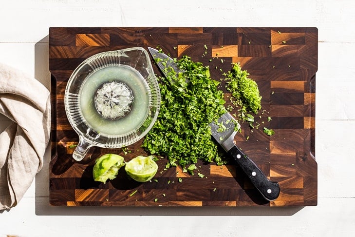 Minced cilantro, lime zest, and lime juice prepped for the rice.