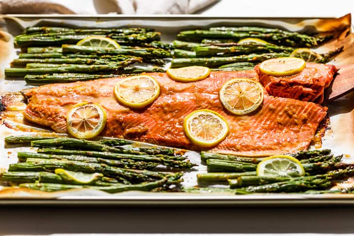 The finished roasted salmon and asparagus.