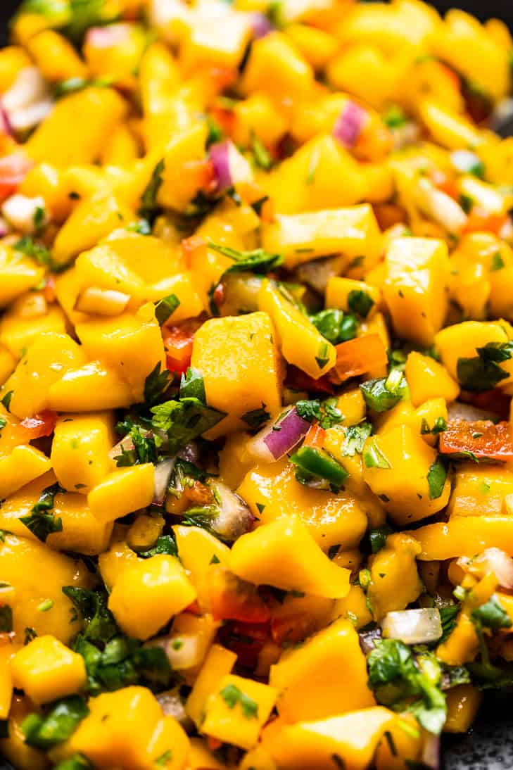 Close up macro view of Mango Salsa.