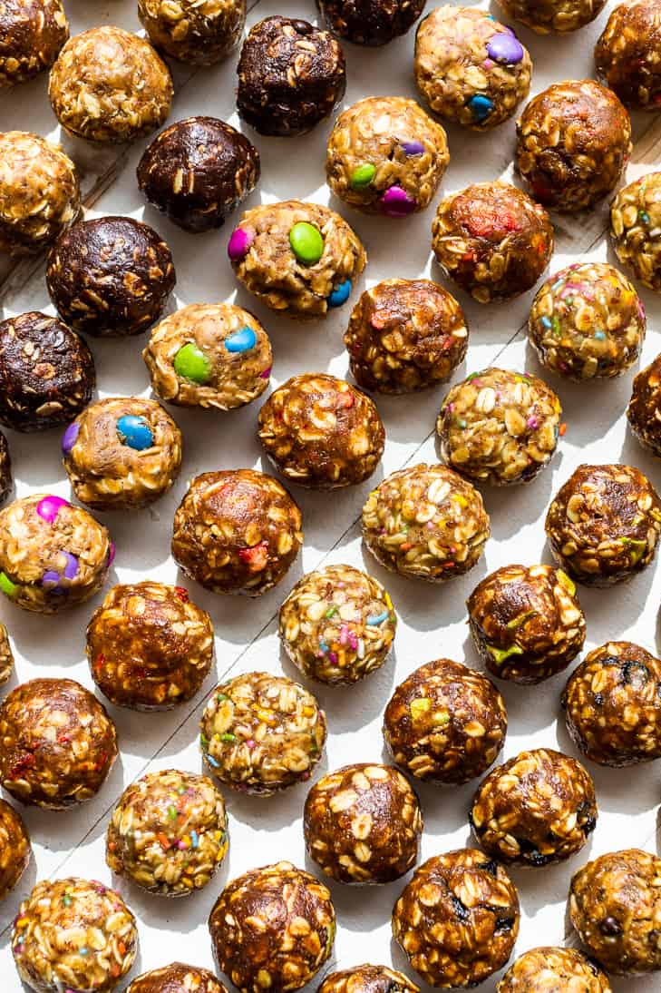 8 of the 10 Flavors of No Bake Energy Bites on a white background laid out in rows.
