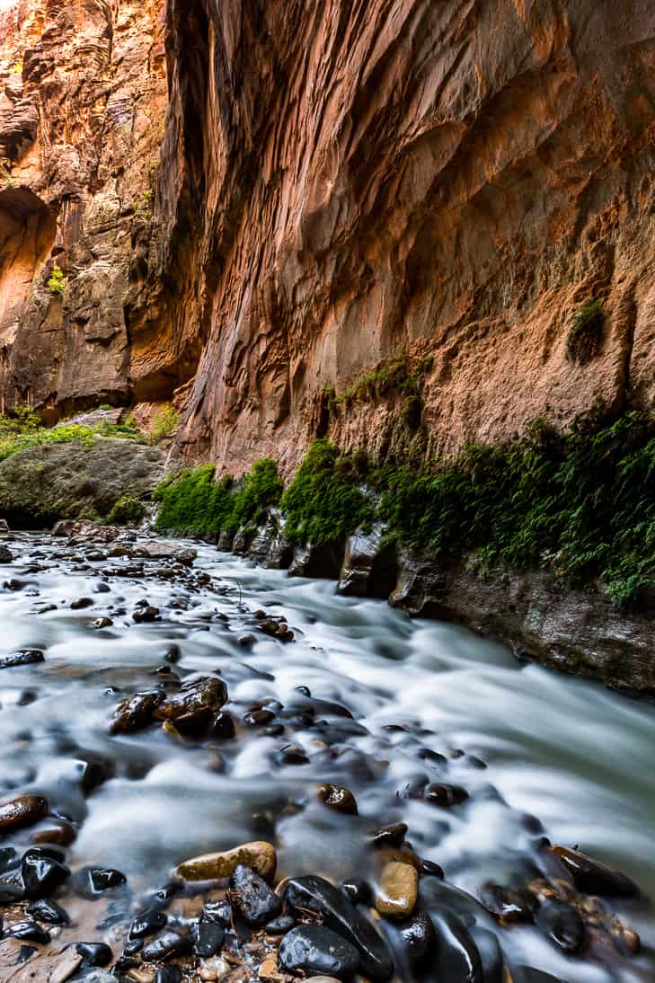 Water running over the river rocks in the beginning section of The Narrows hike in Zion National Park.