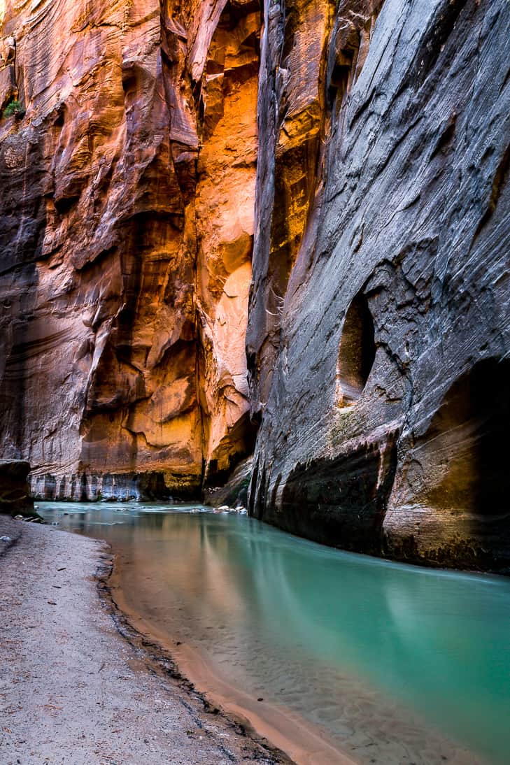 A section where the water was low enough to be blue against the orange canyon walls.