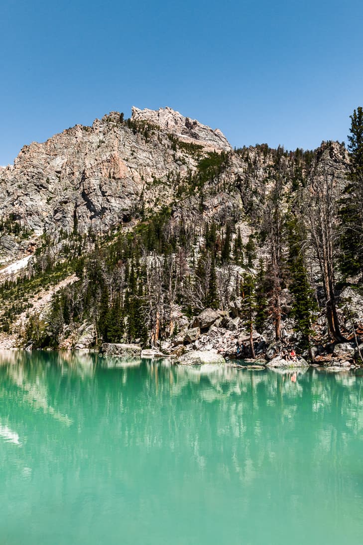 View of the side of Delta Lake with the turquoise water backed up by a rocky hill with trees.