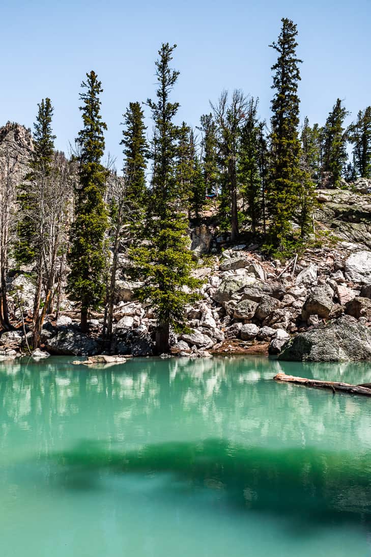 View of the side of Delta Lake with turquoise water, rocks and trees on the shoreline.