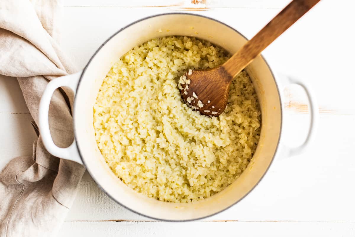 The texture of the finished cauliflower rice before puréeing.