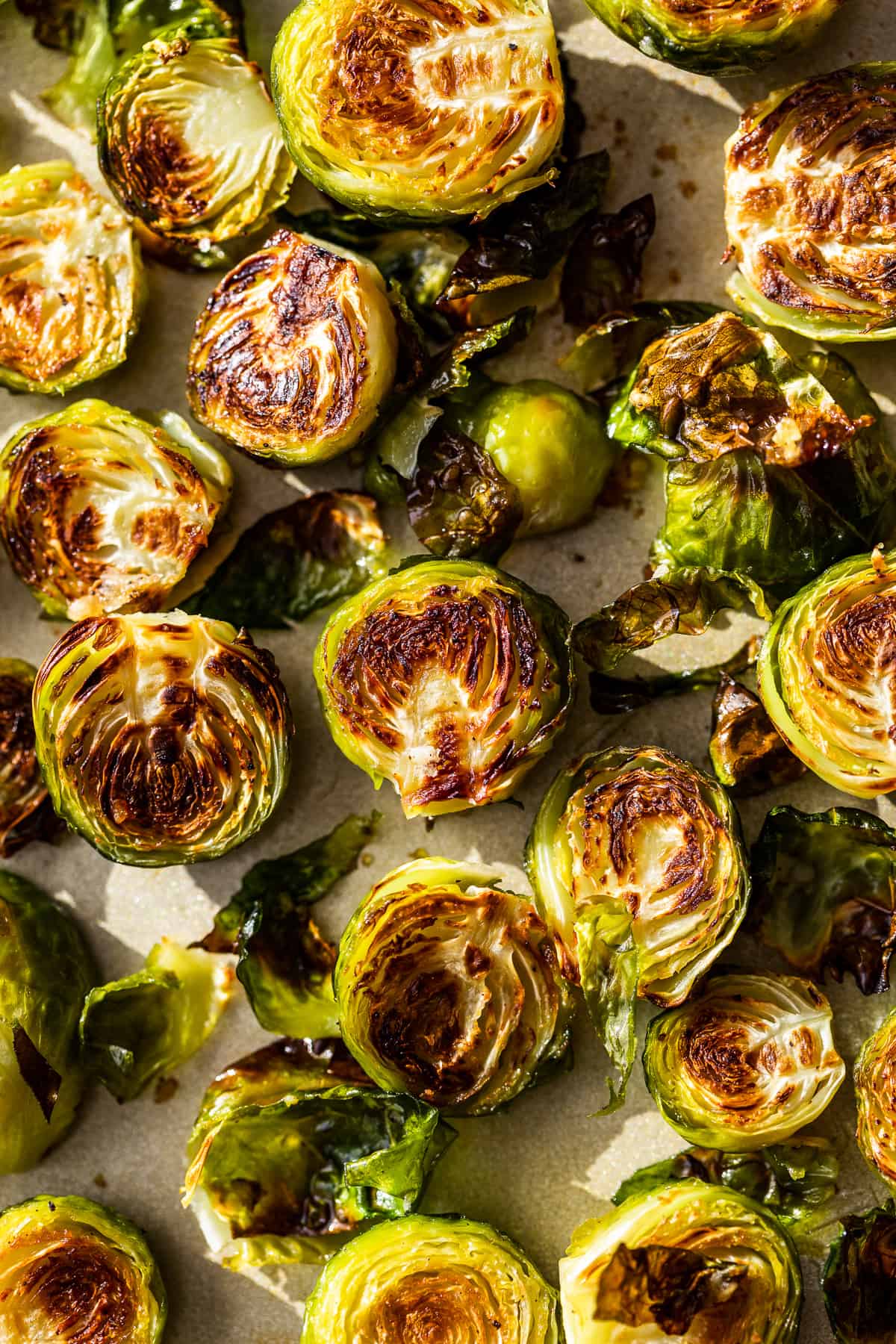 Close view of browned and roasted Brussels Sprouts.