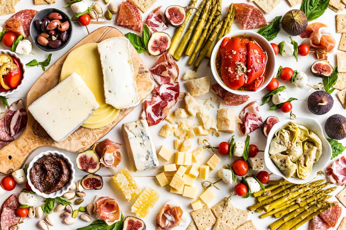Straight down view of a large board or antipasto.