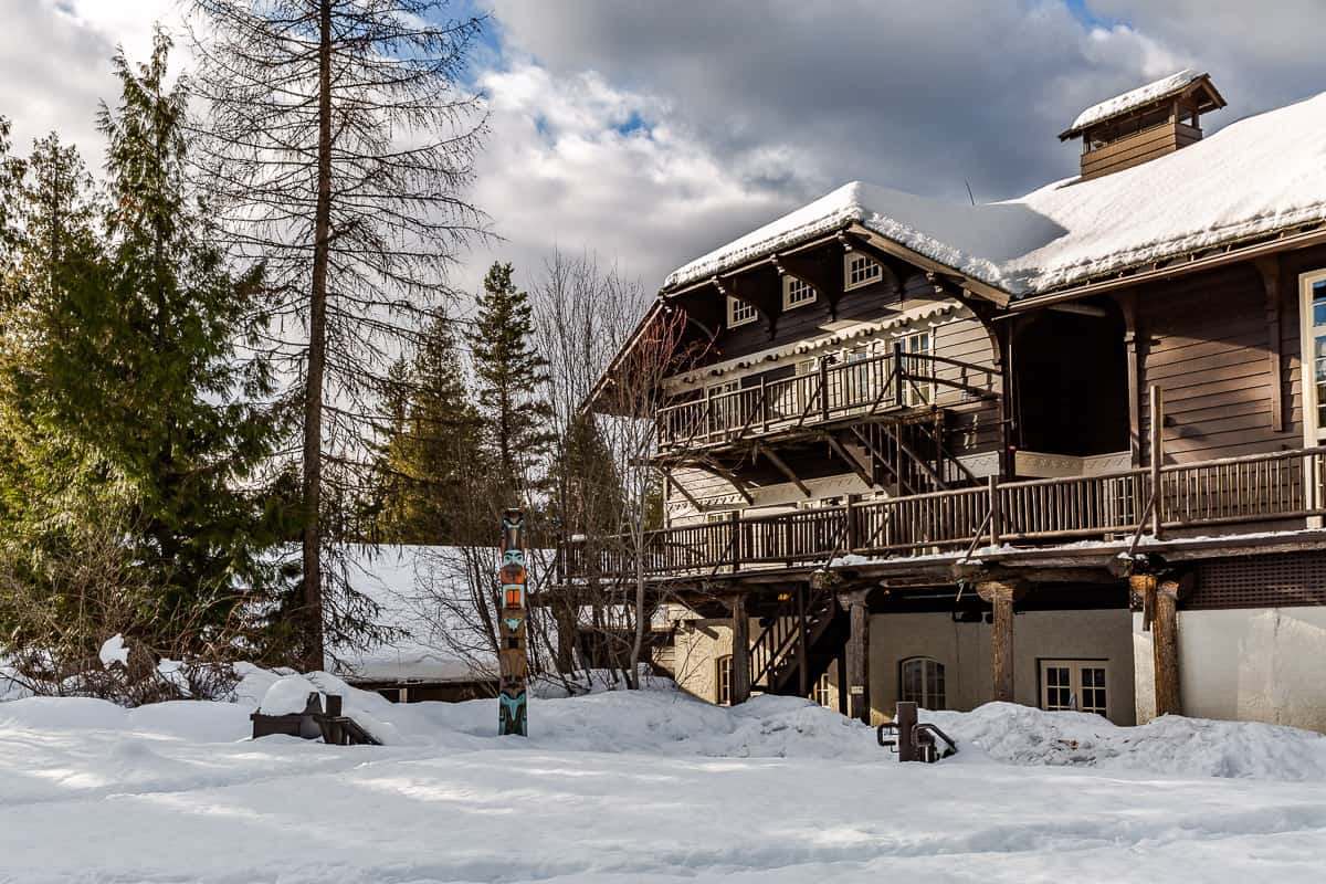 Lake McDonald Lodge in the winter months with snow and ice.