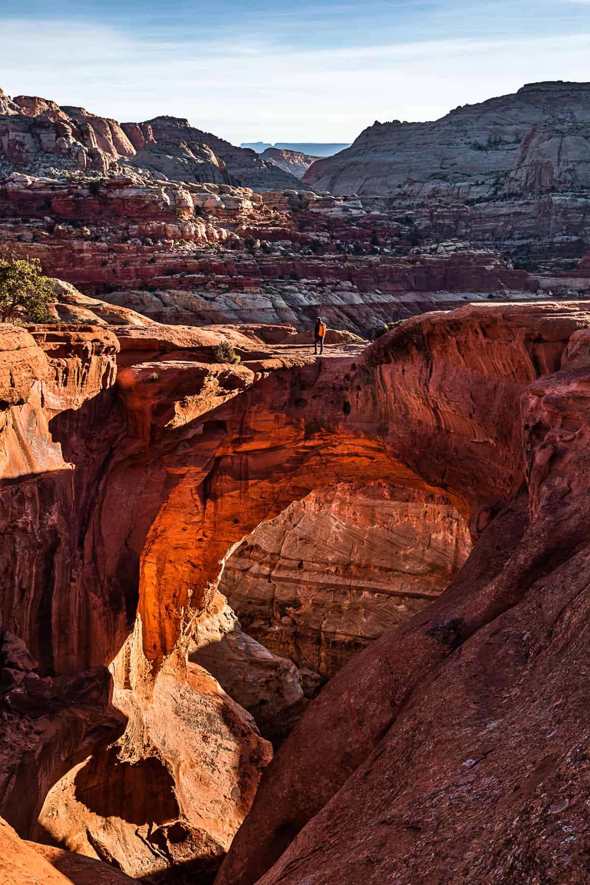 Close up view of Cassidy Arch lit up with early morning sun with a man standing on the arch.