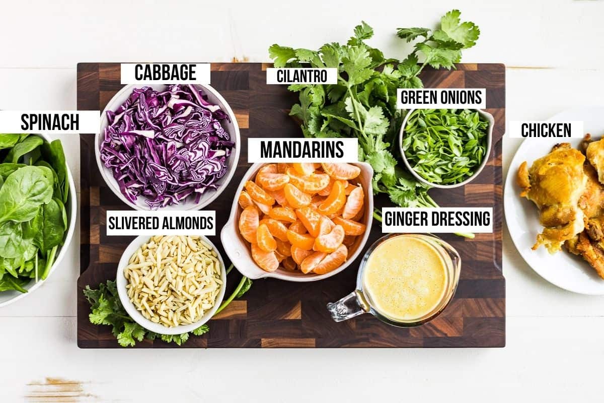 Spinach, chicken, purple cabbage, green onions, slivered almonds, Mandarin oranges, cilantro and ginger dressing in containers on a wooden cutting board.