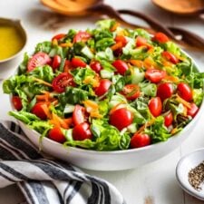 Finished salad in a white serving bowl with lemon vinaigrette on the side and wooden serving spoons.