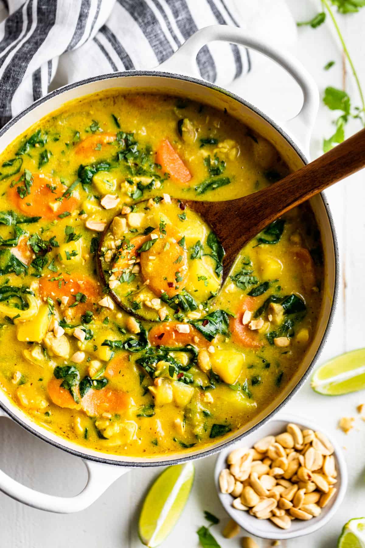 Top down view of a white pot filled with Yellow Curry with half cut off on the left side.