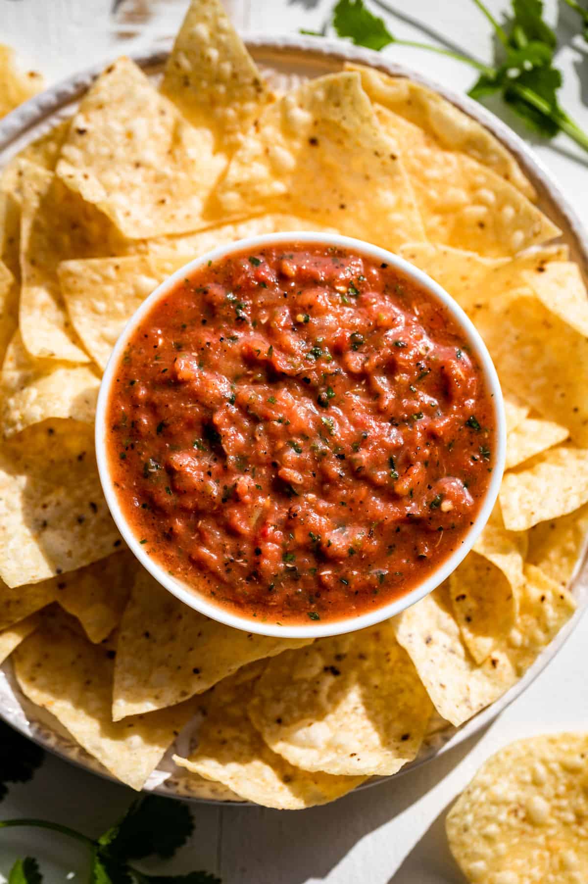 Close straight down view of a white bowl of salsa surrounded by corn chips.