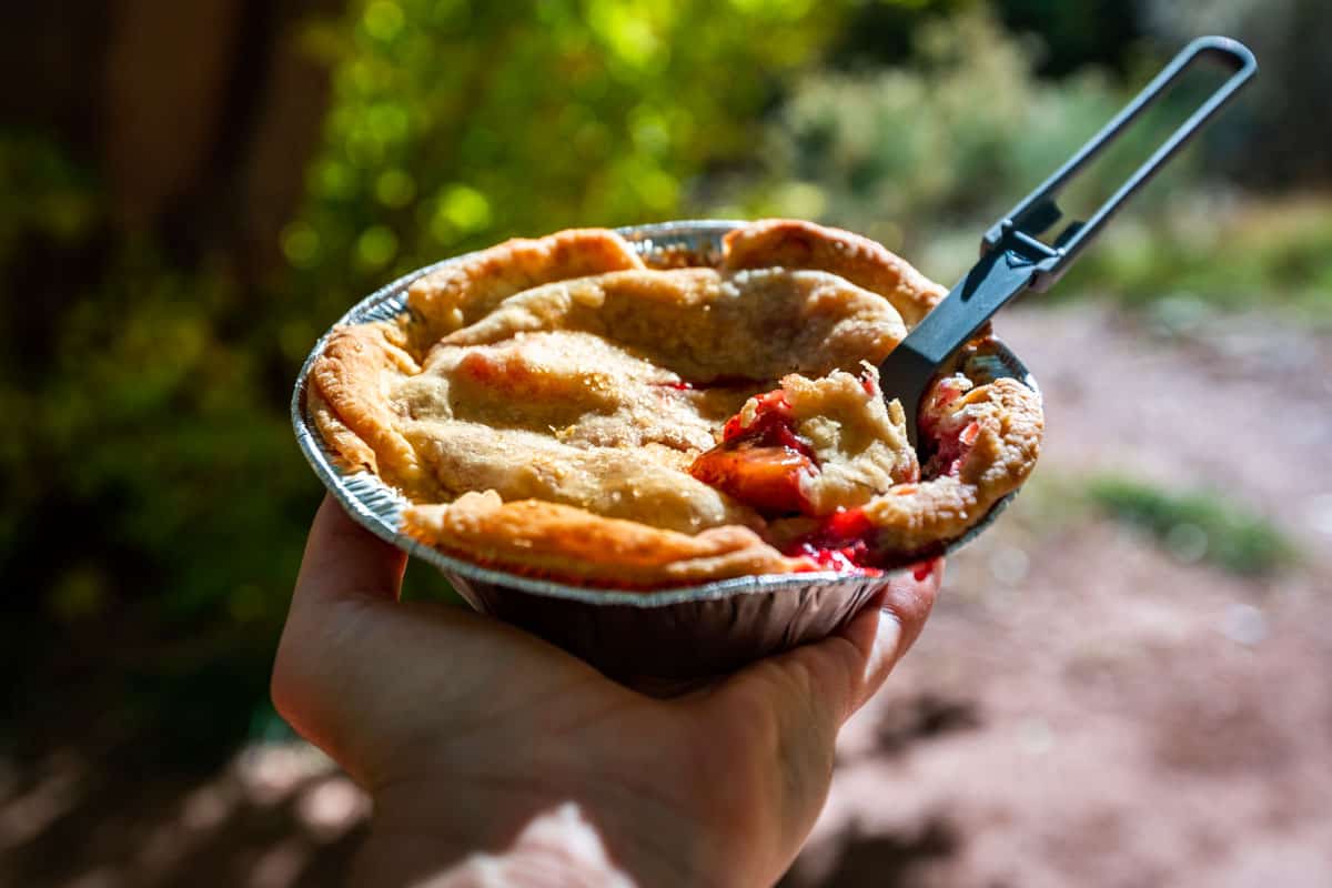 A hand holding a personal sized cherry pie from Gifford House with a background of tree leaves and dappled sunshine.