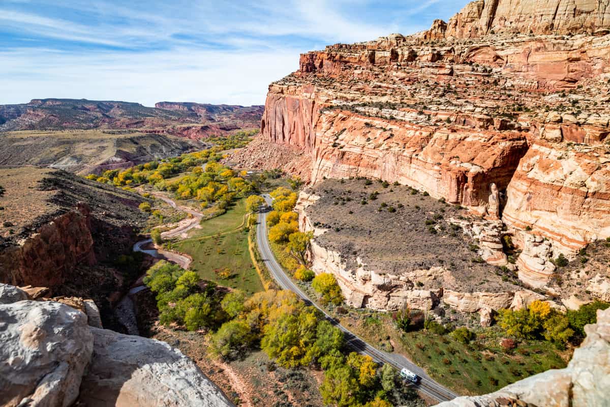 View over the Fruita District with Scenic Highway 9 running through it as seen from Cohab Canyon hike in Capitol Reef.