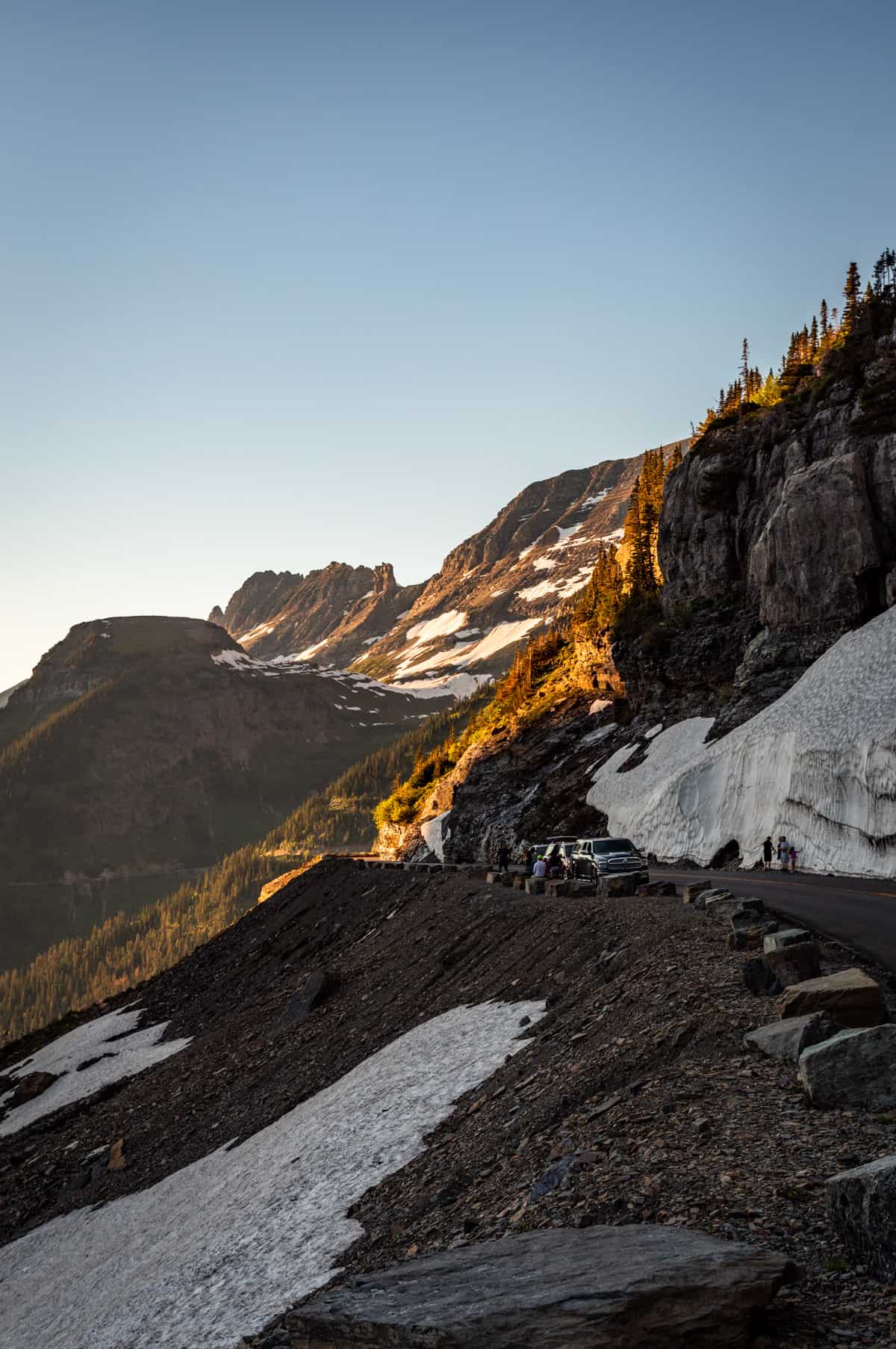 View at sunset overlooking the mountains from the side of Going to the Sun Road.