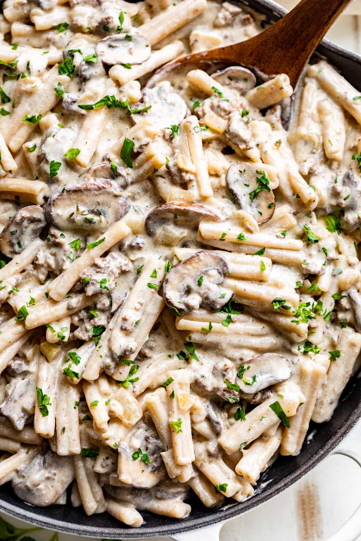 Ground beef stroganoff with cooked pasta mixed in.