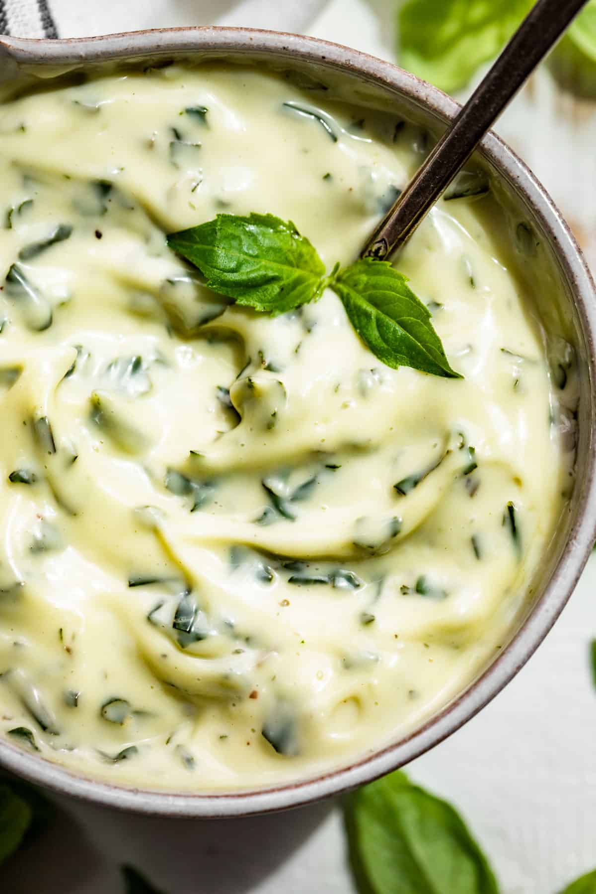 Close macro view of Basil Aioli in a pottery bowl with a basil leaf on top.