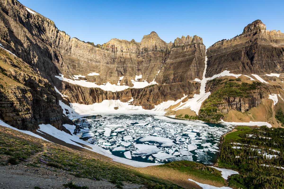 Iceberg Lake in Glacier National Park, a deep blue lake filled with icebergs set in a grand mountain cirque.