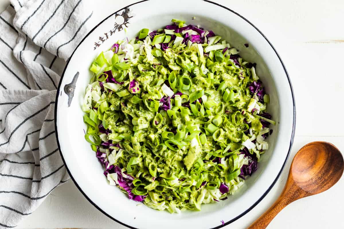 Cilantro lime dressing tossed with the chopped cabbage.